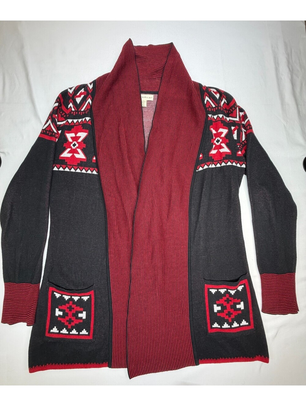If it Were me Women's Cardigan Sweater Aztec Pocket Open Front Size XL Black Red